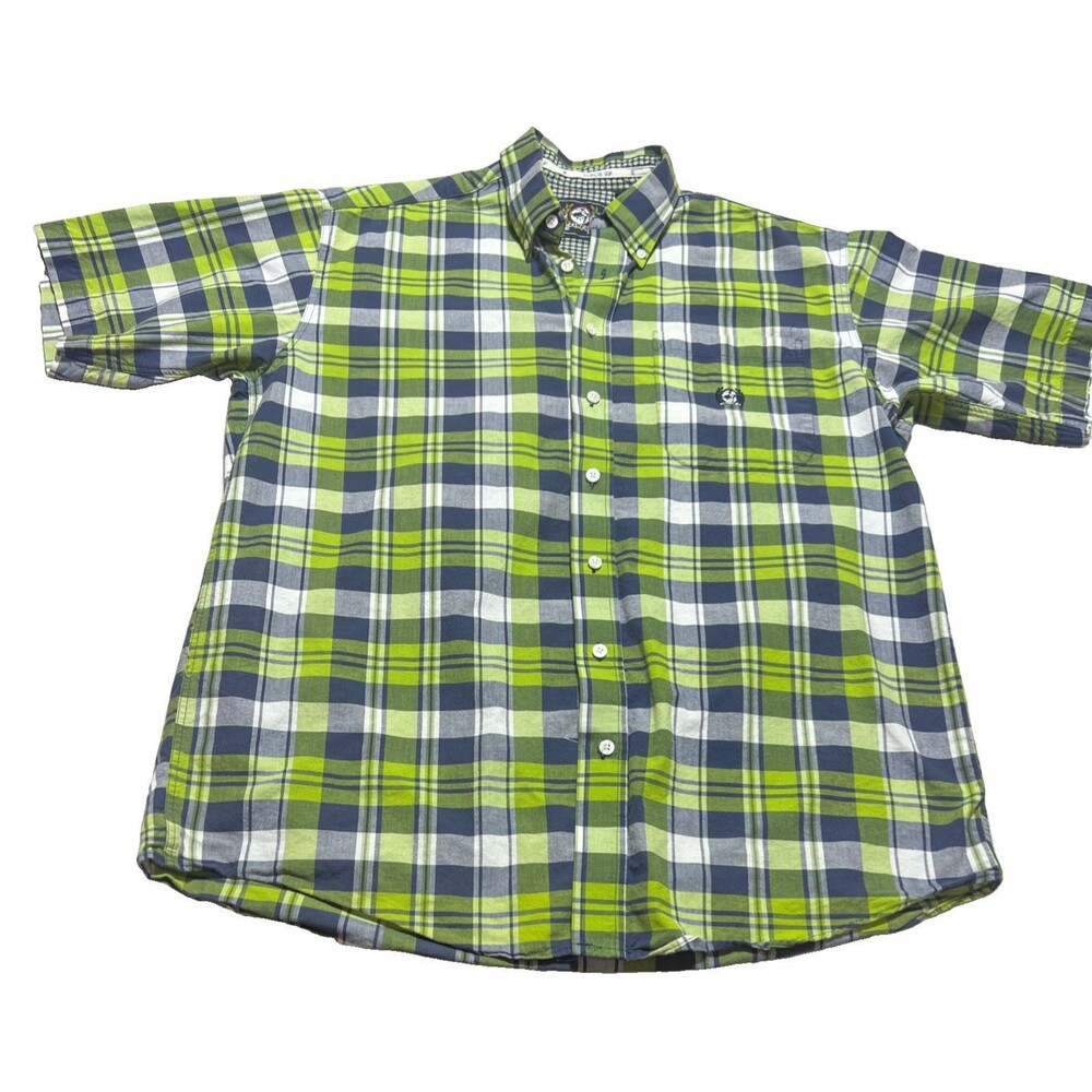 Cinch Button Down Shirt Mens Large Blue Green Plaid Short Sleeve Western Logo
